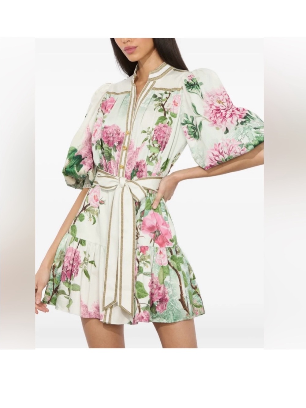 Alice + Olivia White Floral Puff-Sleeve Mini Dress with Pink Flowers
